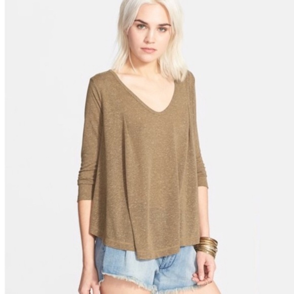 Free People Olive Green Brown Tambourine Swing Loose 3/4 Sleeve Top Small - Picture 3 of 9